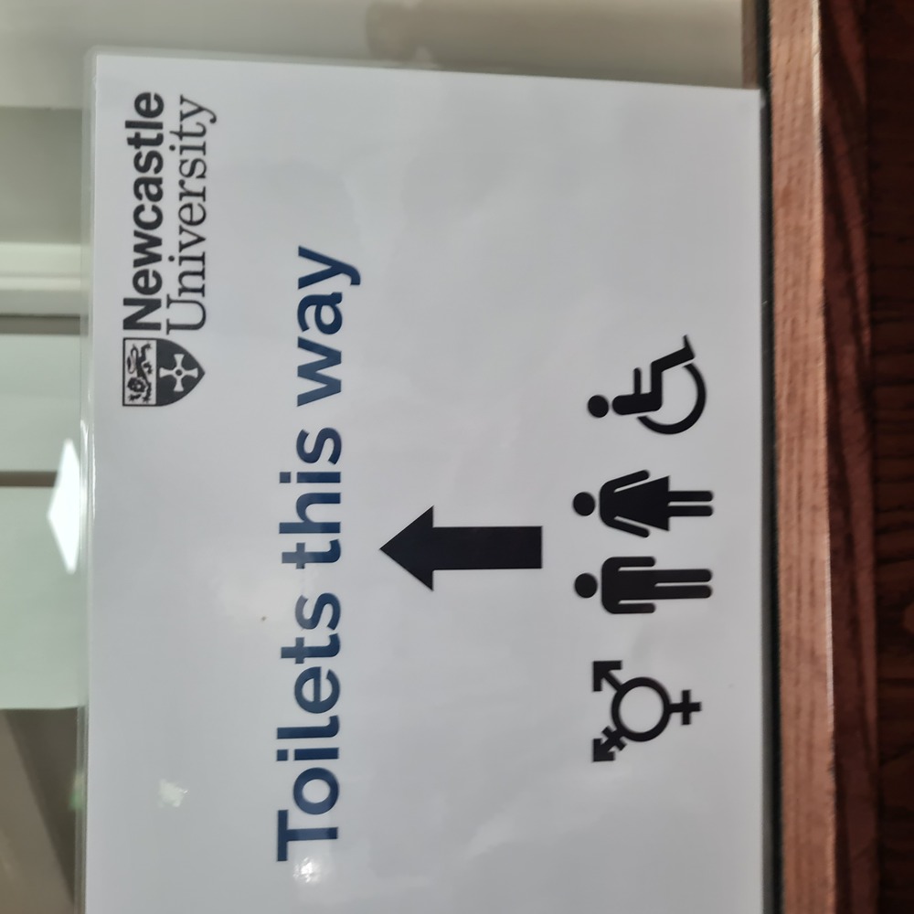 A sign with an upwards arrow and symbols representing all genders and a person in a wheelchair.